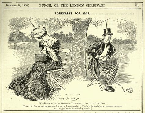 Replace these “wireless telegraphs” with smartphones, update the dress a little, and this vision from a 1906 issue of Punch magazine could easily be for 110 years in the future. Part of a series of “forecasts” for the year to come.  PUBLIC DOMAIN Punch Magazine, Anti Social Behaviour, Human Interaction, Old Magazines, Old Cartoons, Retro Futurism, Modern Life, Satire, Science And Technology