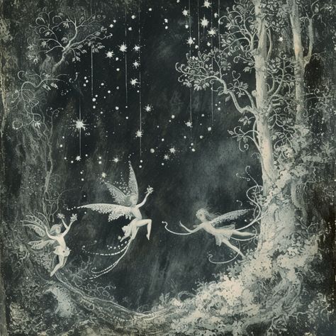 This beautiful artwork depicts fairies dancing in the starry night sky. They freely leap about under the moonlight, creating a magical world.

#fantasy #art #fairies #starry sky #magic #illustration #ファンタジー #アート #妖精 #星空 #魔法 #イラスト Lucia Aesthetic, Fairy Collage, Magic Illustration, Night Creatures, Star Fairy, Goods Design, Fairies Dancing, Under The Moonlight, The Starry Night