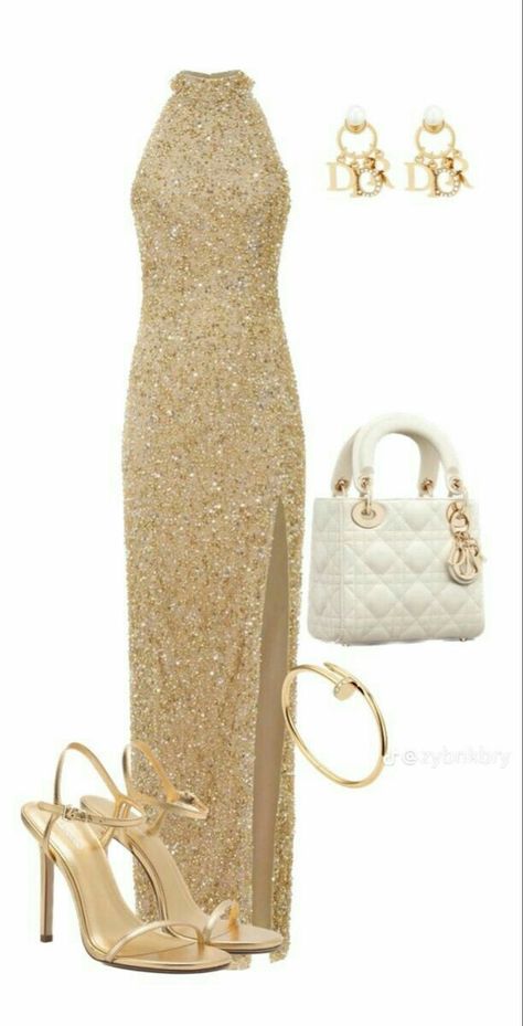 Fashion mood board inspo for women,Golden dress inspo for women. Golden Prom Dress Gold Gown, Golden Prom Dress, Themed Prom Dresses, Prom Dress Gold, Winter Party Outfit, Party Wear Dress, Casual Glam, Gold Gown, Golden Dress