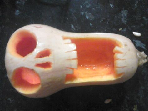 I made this! Butternut squash skull by Mrs J x Pumpkin Carving Lemon, Pineapple Carving Halloween, Carved Turnip Halloween, Pirate Carved Pumpkin, Halloween Havoc, Funny Pumpkin Carvings Meme, Engraving Ideas, Lantern Ideas, Carving Ideas