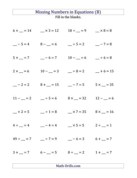 The Missing Numbers in Equations (Blanks) -- All Operations (Range 1 to 9) (B) Math Worksheet from the Algebra Worksheets Page at Math-Drills.com. Reading Practice Worksheets, Suffixes Worksheets, Free Math Printables, Christmas Math Worksheets, Math Practice Worksheets, Math Drills, 3rd Grade Math Worksheets, Distributive Property, Addition And Subtraction Worksheets