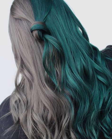 Wichita Hair Artist 👩🏻‍🎨 on Instagram: “Half & half ☺️⁣ ⁣ I was so happy to hear what she wanted as this color combo is something I definitely haven’t done before! She was almost…” Grey Split Dye, Silver And Green Hair, Grey And Green Hair, Seafoam Green Hair, Half Colored Hair, Dip Dyed Hair, Dark Green Hair, Split Dyed Hair, Girl Hair Colors