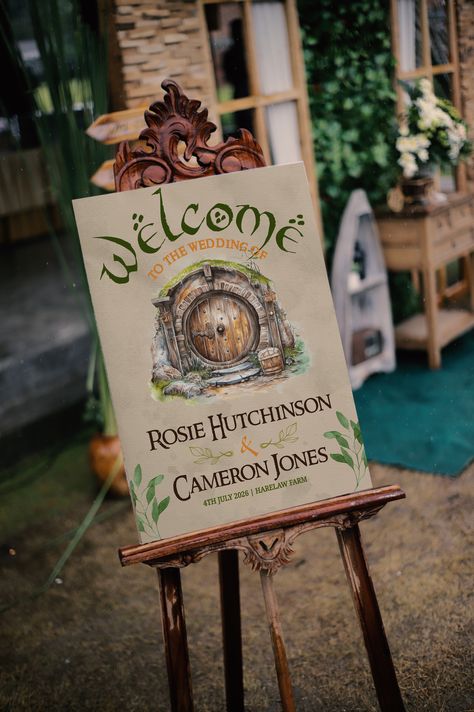 THE HOBBIT Wedding Welcome Sign Template Lord of the Rings Wedding Sign Editable Template Tolkien Wedding Hobbit Door Instant Download This cute hobbit door wedding welcome sign is a fully editable design. Personalize your template in Templett, an easy-to-use template editor that works in your web browser. Lord Of The Rings Invitations, Tolkien Wedding Ideas, The Hobbit Wedding, Tolkien Wedding, Middle Earth Wedding, Lord Of The Rings Wedding, Lotr Party, Hobbit Wedding, Elvish Wedding