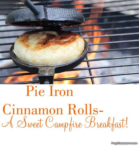 Good morning!  I am so excited!  I get to share another fun campfire recipe/experiment with you:   Pie Iron Cinnamon Rolls! A few weeks ago, we had unnaturally cool weather.  In early August, I needed a... Cast Iron Cinnamon Rolls, Campfire Bread, Pie Iron Cooking, Glamping Recipes, Campfire Pies, Pie Irons, Mountain Pies, Pie Iron Recipes, Camp Meals