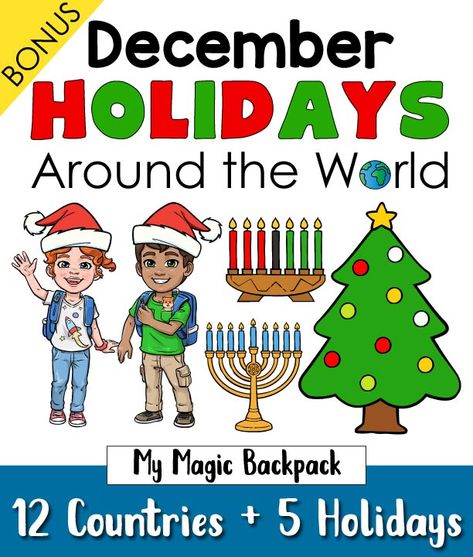 Travel around the world this holiday season and discover how different countries celebrate Christmas, Hanukkah, Kwanzaa, St. Lucia Day and Las Posadas. Perfect way to jump-start your geography learning for kids who are in pre-k and kindergarten. December Holidays Preschool, December Holidays Around The World Preschool, Winter Holidays Around The World Preschool, Holidays Around The World Decorations, Christmas In Different Countries, Holidays Around The World Toddlers, Winter Holidays Around The World Crafts, Christmas Around The World For Preschool, Winter Celebrations Around The World