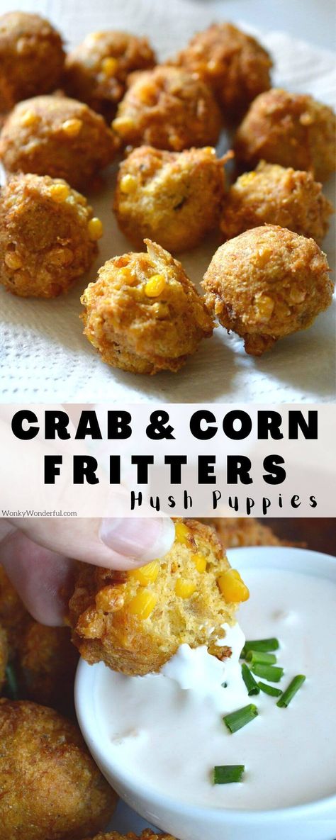 Shrimp And Corn Fritters, Crab And Corn Fritters, Low Country Appetizers, Crab Hush Puppies Recipe, Crab Fritters Recipe, Seafood Fritters, Crab Hush Puppies, Crab Fritters, Clam Fritters