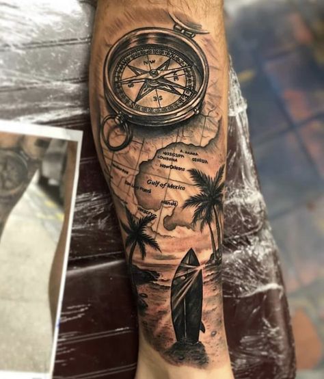 Map Arm Sleeve Tattoo, Tropical Sleeve Tattoo Men, Cool Arm Sleeve Tattoo For Men, Travel Sleeve Tattoos For Guys, Bahama Tattoo Ideas, Map Tattoos Men, World Map Tattoo Sleeve, Map Sleeve Tattoo, Tropical Tattoo For Men