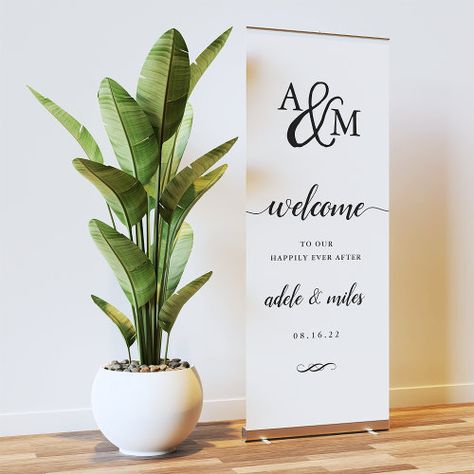 $137 | Ampersand Monogram Wedding Welcome - elegant, wedding welcome, welcome to our, happily ever after, monogram, ampersand, calligraphy, black and white, chic, simple Blue Calligraphy, Bridal Decorations, Retractable Banner, Wedding Banner, Banner Stands, Vine Design, Wedding Calligraphy, Monogram Design, Popular Wedding