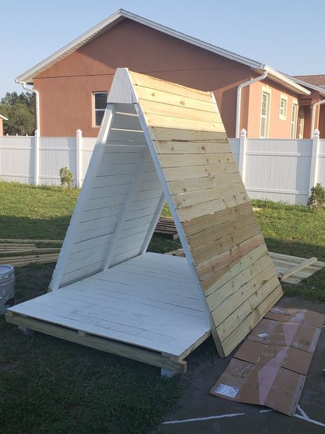 Triangle Playhouse, Diy Camping Ideas, Fort Plans, A Frame Playhouse, Outdoor Play Space, Kids Backyard Playground, Kids Play Spaces, Backyard Kids Play Area, Tree House Diy