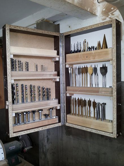 Drill Bit Cabinet Drill Bit Storage, Cleat Storage, French Cleat Storage, Bit Storage, Garage Workshop Organization, Diy Storage Shed, Building Things, Drill Bit Holder, Tool Storage Diy