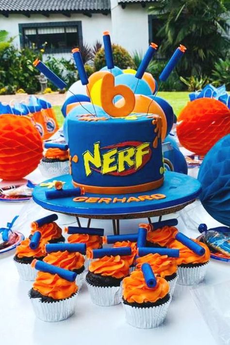 6th Birthday Boy Theme Ideas, 7th Birthday Theme For Boys, Boys 5th Birthday Party Ideas Themes, Sixth Birthday Party Ideas, 6th Birthday Theme Boy, Sixth Birthday Theme Boy, Boy 7th Birthday Party Ideas, Nerf Cakes For Boys, 6 Year Birthday Party Ideas Boy