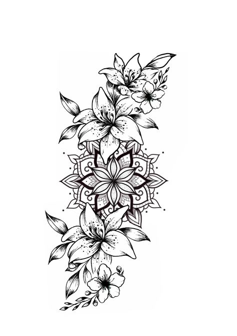 Sundrop Flower Tattoo, Mandala Lily Tattoo, Women’s Upper Arm Wrap Tattoo, Tiger Lily Tattoo Design, Lily And Mandala Tattoo, Tiger Lily Mandala Tattoo, Floral Mandala Tattoo Design, Floral Com Mandala, Water Lily Mandala Tattoo