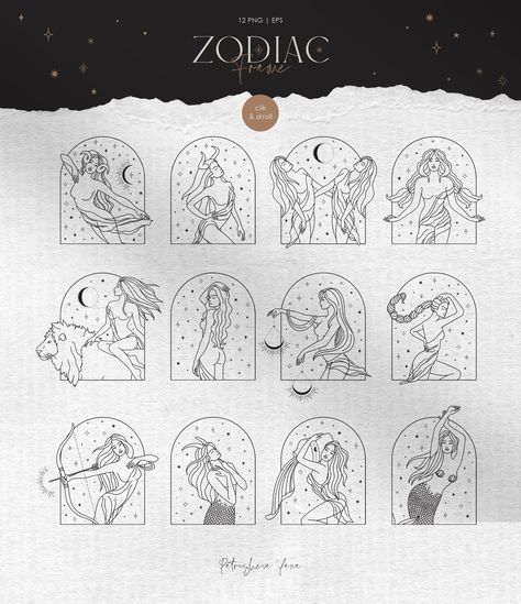 Zodiac Art Illustrations, Zodiac Doodles, Zodiac Line Art, Zodiac Signs Stars, Drawing Universe, Free Spirit Tattoo, Zodiac Drawings, Zodiac Icons, Tattoo Horoscope