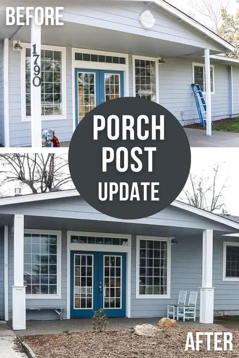 Elevate your curb appeal with these simple tips for updating your skinny porch posts! Transform your home's exterior by giving those plain, skinny porch posts a fresh new look. From adding decorative trim and molding to painting them in a bold color, there are endless ways to enhance their appearance. Consider wrapping them with faux stone or brick veneer for a stylish upgrade that will make a big impact. With a little creativity and some elbow grease, you can turn your skinny porch posts into Update Front Porch Columns, Redo Front Porch Columns, Changing Front Porch Columns, Trimming Out Porch Posts, Wrapping Porch Posts With Wood, Porch Transformation, Front Porch Pillars, Cottage Landscaping, Front Porch Posts