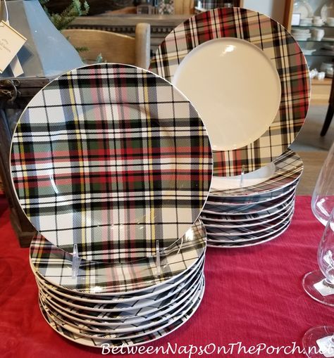 Plaid, Tartan Salad Plates, Denver January Home Decor Ideas, Plaid Placemats, Christmas Salad Plates, Christmas Dinner Table Settings, Tartan Plaid Christmas, Christmas Eve Dinner, Plaid Christmas Decor, Christmas Dinner Table, Christmas Dinnerware