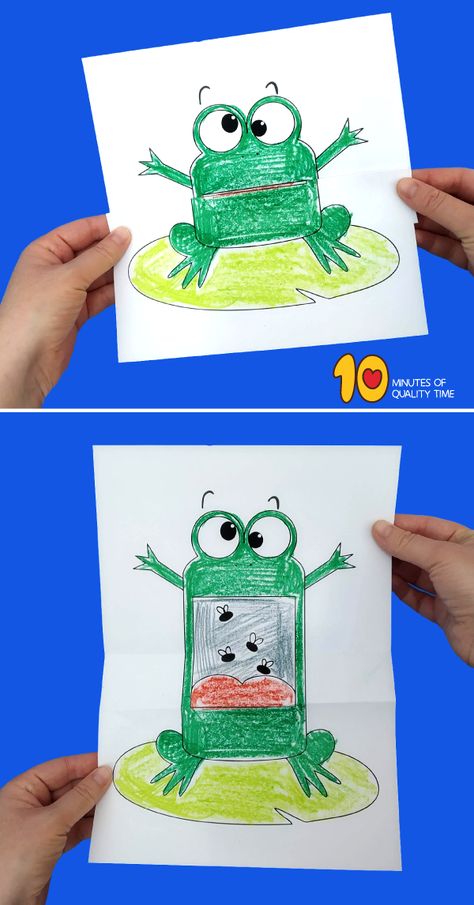 Surprise Folding Paper - Frog Surprise Folding Paper Drawing, Folding Paper Art, Frog Art Projects For Kids, Folded Paper Art, Easy Art And Craft Ideas For Kids, Frog Art Project, Folding Surprise Drawing, Frog Eating Fly, Frog Crafts For Kids