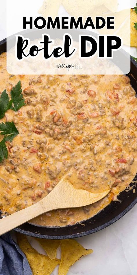 Your Super Bowl party food ideas must have this Rotel cheese dip recipe! It's an easy appetizer idea in just 20 minutes. Loaded with ground beef in creamy, cheesy goodness, this Rotel dip is sure to be a favorite on your game day menu! Ranch Rotel Dip, Easy Nacho Dip Recipes, Ugly Dip Ground Beef, Dip Recipes With Ground Beef, Loaded Rotel Dip, Homemade Rotel Dip, Rotel Dip Without Velveeta, Rotel Dip On Stove, Cheese Rotel Dip Crock Pot