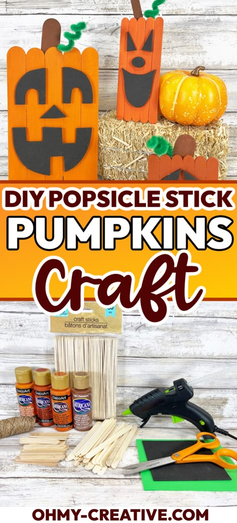 This easy fall craft is perfect for kids! Make popsicle stick pumpkins at Halloween parties or on rainy days. Like this Popsicle Stick Scarecrow Fall Craft, the kids will love it! Popsicle Fall Crafts, Popsicle Stick Pumpkin Craft, Fall Crafts For Big Kids, Halloween Crafts For Seniors Assisted Living, Fall Crafts With Popsicle Sticks, Popsicle Stick Halloween Crafts, Fall Popsicle Stick Crafts, Fall Activities For Seniors, Popsicle Stick Scarecrow