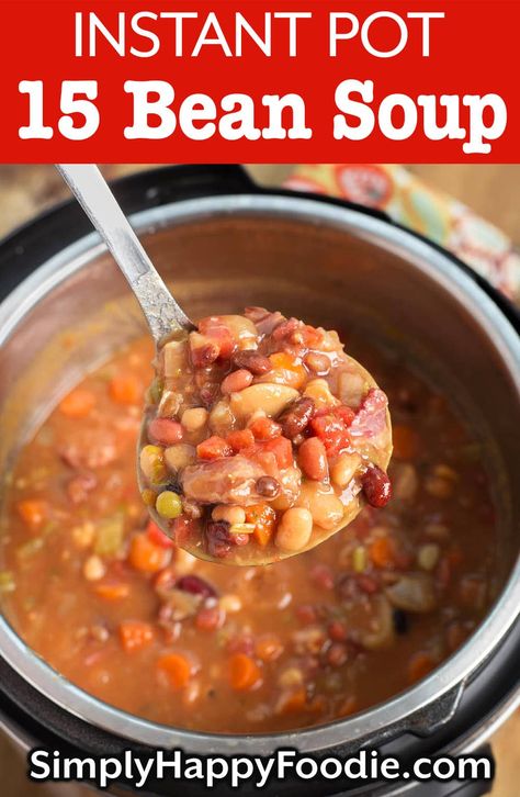 Instant Pot 15 Bean Soup is cooked with ham hocks or a meaty ham bone for a delicious, full flavored soup. This pressure cooker 15 bean soup recipe is simple, hearty and very good simplyhappyfoodie.com Instant Pot 15 Bean Soup, Soup In Instant Pot, Pot Image, 15 Bean Soup, Bean Soup Recipe, Soup Beans, Ham Soup, Instant Pot Soup Recipes, Ham And Bean Soup