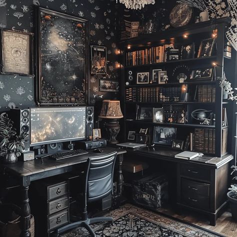 197+ Creative 'Work From Home' Office Design Ideas You Need to See to Believe! - Creativindie Home Office Goth, Desk Black Aesthetic, Spooky Office Aesthetic, Dark Academia Computer Setup, Witchy Desk Setup, Dark Desk Aesthetic, Dark Academia Desk Setup, Dark Academia Office Aesthetic, Cozy Office Space At Work