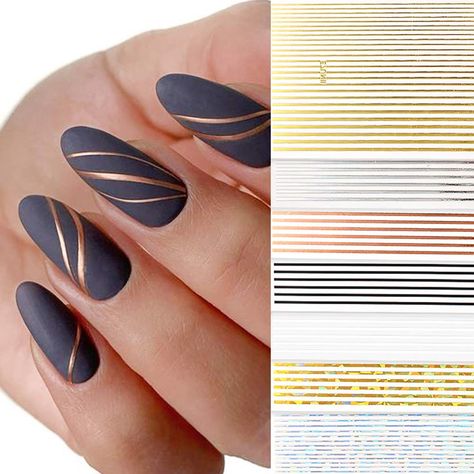 7pcs Nail Strip Stickers Black/Gold/Rose Gold/Silver Metal Strip Tape Nail Art Adhesive DIY Foil Tips Nail Sticker Decals (7pcs) : Amazon.ca: Beauty & Personal Care Striped Nail Designs, Diy Foil, Rose Gold Nails Design, Black Gold Nails, Tape Nail Art, Edge Nails, Matte Black Nails, Nail Tape, Nail Stickers Decals