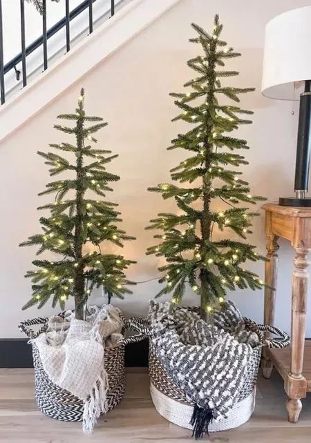 Accent Christmas Trees, Christmas Tree In Entryway, Entry Way Christmas Trees, Christmas Foyer Decor Entryway, Entryway Christmas Tree, Narrow Christmas Tree, Fake Xmas Tree, Alpine Christmas Tree, Small Entrance Halls