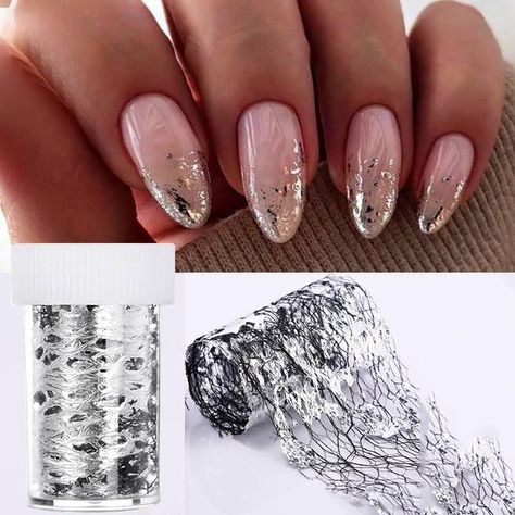 Silver Flakes Nails, Silver Flake Nails, Natural French Nails, Long Stiletto Nails, Golden Nails, Mirror Nails, Lines On Nails, Fake Nails With Glue, Metallic Nails