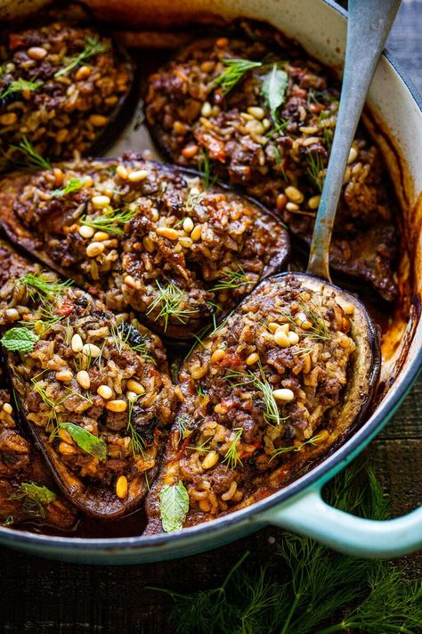 Stuffed Aubergine Recipe Meat, Lentil Stuffed Eggplant, Middle East Eggplant Recipes, Stuffed Aubergine Vegetarian, Vegan Stuffed Eggplant, Lebanese Eggplant Recipes, Middle Eastern Eggplant Recipes, Filled Eggplant, Lebanese Spices