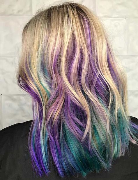 Mermaid Highlights How To Place Highlights In Hair, Colored Hair Blonde, Peek A Boo Hair, Unicorn Hairstyle, Blue And Purple Hair, Kids Hair Color, Peekaboo Hair Colors, Purple Hair Highlights, Mermaid Hair Color