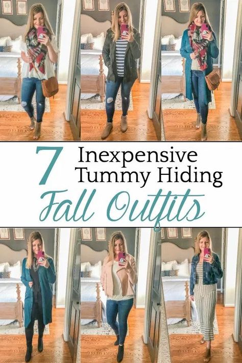 7 Inexpensive Tummy Hiding Fall Outfits | 7 fall outfit ideas and tummy pooch hiding tricks for postpartum / post-menopausal bodies, plus fashion staples that can be mixed and matched. Flattering Mom Outfits, How To Style Mom Pooch, How To Dress A Mom Pooch, Flattering Postpartum Outfits, Mommy Tummy Outfits, Fall Outfits Apple Shape, Outfits For Belly Pooch, How To Dress Postpartum Belly, Plus Size Postpartum Outfits