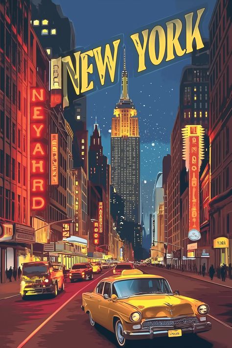 🎁🚀Travel Wall Art with Midjourney Prompts - Click the Link in my Bio🌐🔗 Travel Picture Wall Ideas, Retro City Aesthetic, New York Poster Aesthetic, New York Illustration Art, New York Mural, Nyc City Aesthetic, Vintage Cityscape, Retro New York, New York Illustration