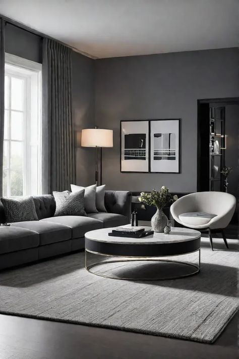 Monochromatic living room with shades of gray Black Wood Grey Living Room, Grey And Black House Interior, Grey Home Interior Design, Black White And Gray Interior Design, Grey Interior Aesthetic, Monochromatic Grey Living Room, Grayscale Living Room, Modern Abstract Interior Design, Gray Monochromatic Living Room