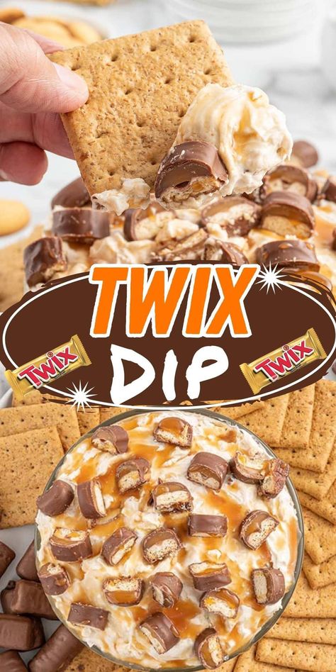 Easy Dips For Bbq, Easy Twix Dessert, Easy Dips For Work Party, Recipes With Twix Candy Bars, Candy Bar Dip, Recipes For Birthday Parties, Cookie Dough Cheeseball, Kit Kat Dip, Twix Cookie Bars