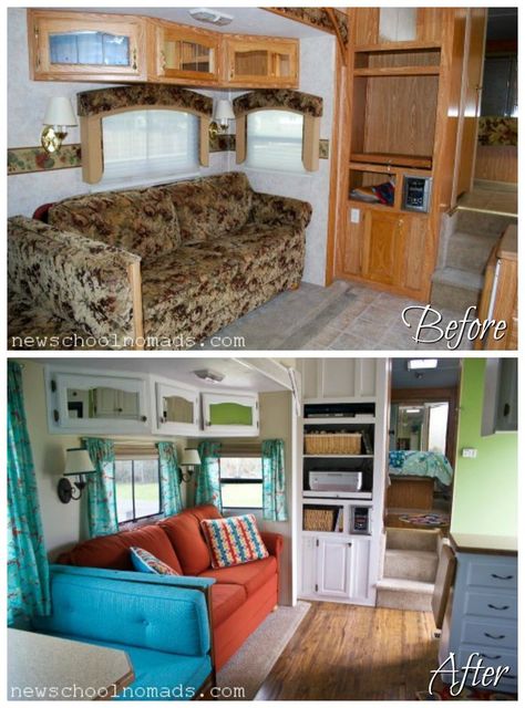 RVObsession - Fifth Wheel Renovations - Jenn and Brent from New School Nomads transformed their fifth wheel camper from dreary and brown to bright and cheerful. Van Layout, Rv Redo, Camping Vintage, Camper Trailer Remodel, Camper Organization, Wallpaper Luxury, Diy Camper Remodel, Rv Makeover, Travel Trailer Remodel