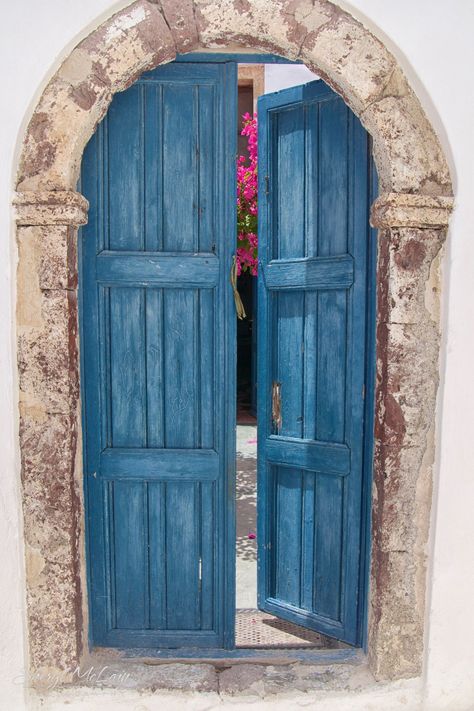 12 x 18 Signed Stretched Canvas of an open door in Santorini, Greece Italian Front Doors Entrance, Blue Doors Front Entrance, Doorway Art, Beach House Door, Greek House Interior, Greek Doors, Doors Photography, Arch Painting, Gate Painting