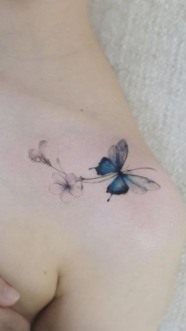 Clavicle Tattoo Butterfly, Colour Bone Tattoo, Collar Bone Tattoo Butterfly, Tiny Collar Bone Tattoo, Butterfly Collarbone Tattoo, Tattoos Collarbone, Clavical Tattoos Women, Collar Bone Tattoo Ideas, Under Collar Bone Tattoos