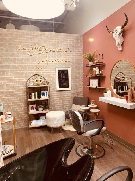 Salon Rooms Ideas, Salon Inspo Rustic, Hair Salon Floor Plans Design Layouts, Small Town Salon Ideas, Salon Suite Waiting Area Ideas, Cozy Hair Salon Ideas, Country Chic Salon Ideas, Personal Hair Salon Room, Western Theme Hair Salon