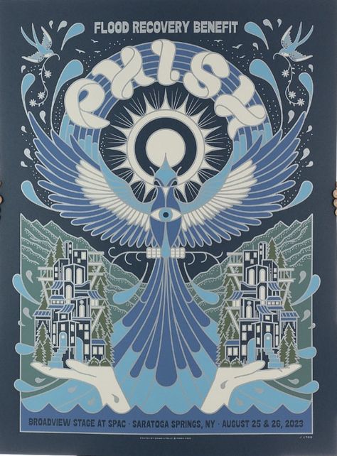 One of 2 official LE posters for the Phish shows at SPAC, Saratoga Springs, NY | for Flood Recovery Benefit | 25&26 Aug 2023 | by Brian Steely | 18”x24” | Edition of 1,700 | 6 colour screenprint, with metallic inks, on French Nightshift Blue paper Phish Posters, Professional Poster, Psychadelic Art, Saratoga Springs Ny, Saratoga Springs, Phish, Cow Bell, Illustration Poster, Band Posters