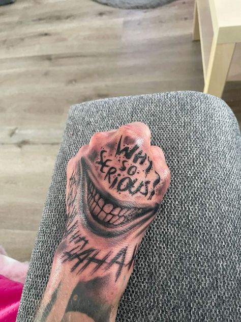 Jokers Hand Tattoo, Smile On Hand Tattoo, Hand Smile Tattoo, The Joker Hand Tattoo, Why So Serious Tattoo Hand, Joker Tattoo On Hand, Bad Tattoos Ideas, Smile Tattoo On Hand, Joker Hand Tattoo Smile