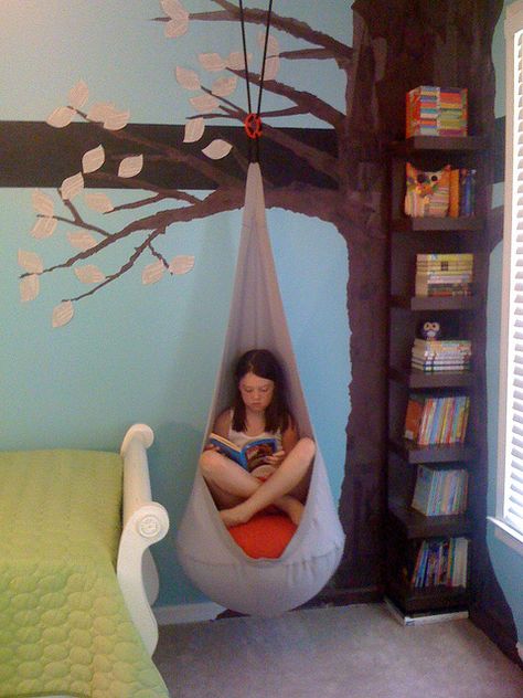 reading nook mostly Ikea"s Reading Nook Kids, Hanging Seats, Tree Bookshelf, Bookshelves Kids, Reading A Book, Kids Reading, Kid Spaces, Architectural Digest, Kids' Room