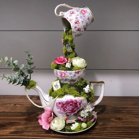 Alice in Wonderland Centerpiece Stacked Tea Cup and Teapot Decoration, Fall, Mad Hatter, Tea Party, Mothers Day Gift - Etsy Alice In Wonderland Teacup Centerpiece, Alice In Wonderland Flower Arrangements, Alice In Wonderland Centerpieces, Floating Tea Cups Ideas Diy, Mad Hatter Tea Party Ideas Decoration, Tea Party Centerpiece Ideas, Tea Pot Centerpiece, Mad Hatter Tea Party Ideas, Alice In Wonderland Centerpiece