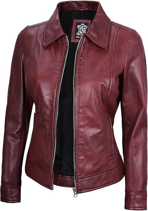 Decrum Womens Leather Jacket - Real Lambskin Trucker Style Leather Jackets for Women at Amazon Women's Coats Shop Peplum Leather Jacket, Asymmetrical Leather Jacket, Maroon Leather Jacket, Varsity Jacket Women, Distressed Leather Jacket, Shirt Collar Styles, Pink Leather Jacket, Blue Leather Jacket, Green Leather Jackets