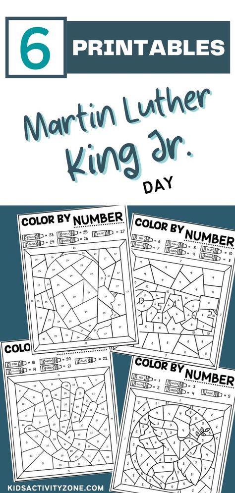 Grab this set of 6 printable Color by Number Pages to compliment your Martin Luther King, Jr. activities for MLK Jr Day! These are not only fun, but educational reinforcing what MLK wanted and dreamed of. Plus, it helps with children learn the word associated with colors if they are younger. Mlk Worksheets For Kids, Mlk Coloring Pages For Kids, Mlk Activities For Kids, Martin Luther King Coloring Pages, Mlk Day Activities For Kids, Mlk Preschool, Martin Luther King Jr Crafts, Mlk Crafts, Martin Luther King Activities