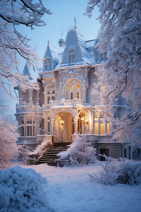 A captivating winter wallpaper featuring a serene snow-covered forest, evoking the tranquil beauty of the season. Winter Palace Aesthetic, Snow Mansion, Winter Mansion, Photo Booth Props Template, Winter Castle, Story Settings, Castle Exterior, Snow Castle, Neoclassical House