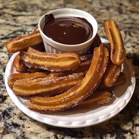 Churros with Rich Chocolate Dip Recipe: Churros with Rich Chocolate Dip Ingredients: 1 cup water 2 1/2 tbsp sugar 1/2 tsp salt 2 tbsp vegetable oil 1 cup all-purpose flour Oil for frying 1/2 cup sugar 1 tsp ground cinnamon Chocolate Dip: 200g dark chocolate, chopped 1 cup heavy cream Instructions: In a small saucepan, combine water, sugar, salt, and vegetable oil. Bring to a boil. Remove from heat and stir in flour until the mixture forms a ball. Heat oil in a deep frying pan to 375°F (19... Chocolate Dip Recipe, Homemade Churros, Chocolate Dip, Deep Frying Pan, Deep Frying, Pastry Bag, Chocolate Cinnamon, Sweet Delights, Frying Oil