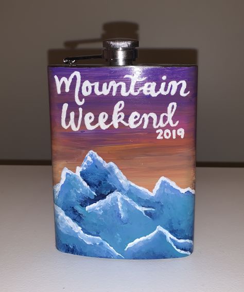 Mountain Weekend Fraternity Flask Cooler Painting Mountain Weekend Cooler Fraternity, Mountain Weekend Flask, Painted Flask Fraternity, Frat Flask Painted, Frat Coolers Ideas Formal, Frat Painting, Formal Flask, Flask Painting, Fraternity Flask