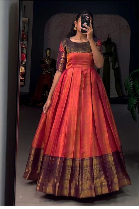 Saree Stitched Gown, Traditional Gowns For Women, Saree To Umbrella Kurti, Patu Saree Long Frocks, Anarkali Umbrella Dress, Long Frock From Saree, Saree Frock Dresses For Women, Dresses Stitched From Saree, Saree To Frock Designs For Women