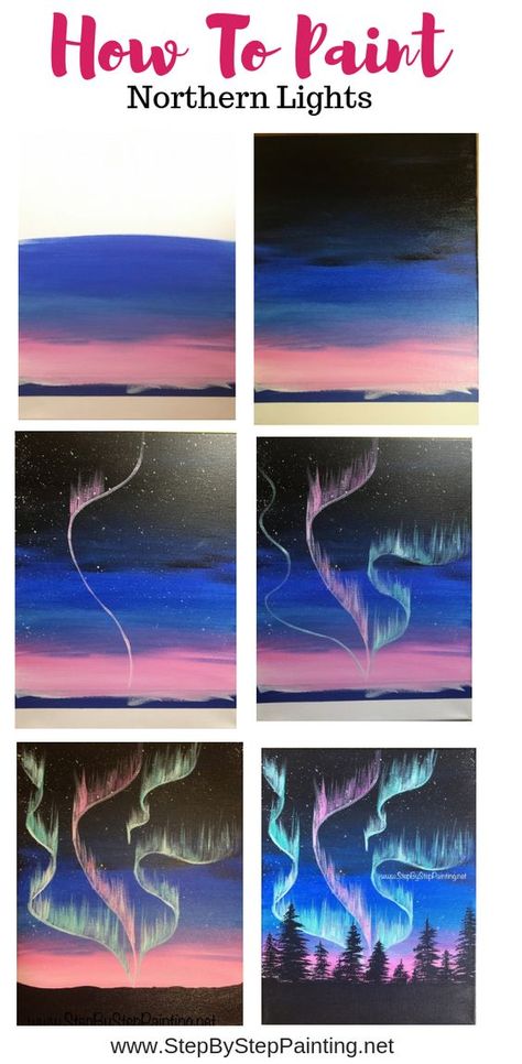 Paint an aurora borealis skyline with this easy to follow step by step acrylic painting tutorial for beginners. Aurora Borealis Painting, Northern Lights Painting, Canvas Painting Tutorials, Easy Canvas Art, Cute Canvas Paintings, Easy Canvas Painting, Acrylic Painting For Beginners, Galaxy Painting, Canvas Painting Diy