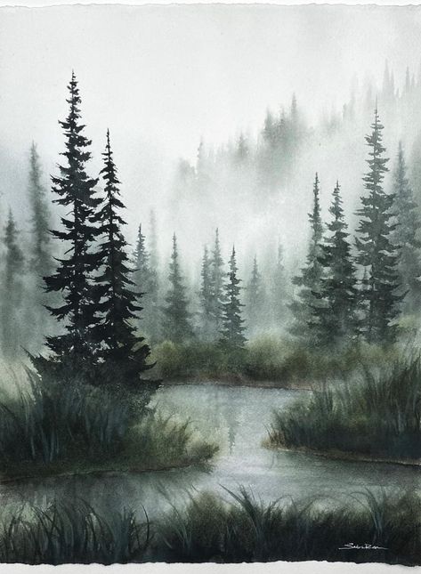 Foggy Forest, Oregon Washington, Landscape Art Painting, Watercolor Painting Techniques, Forest Painting, Watercolor Landscape Paintings, Watercolor Paintings Tutorials, Watercolor Art Lessons, Watercolor Trees