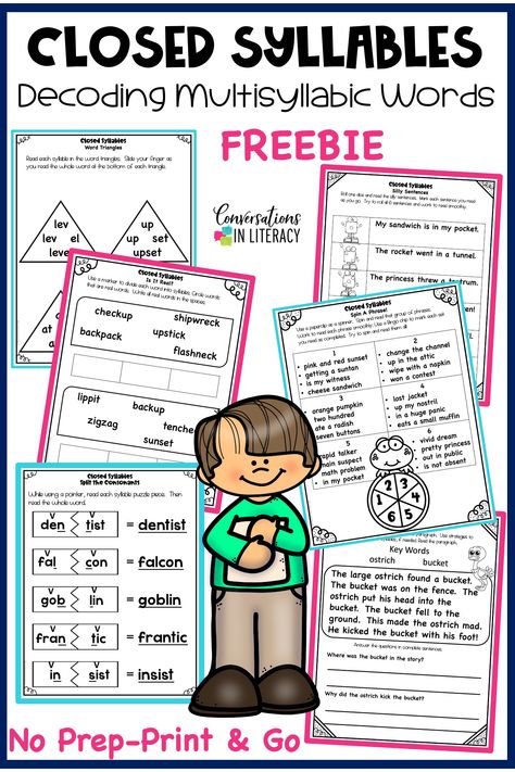 Unlock the secrets to decoding multisyllabic words for your elementary students with our Closed Syllables Decoding Multisyllabic Words Freebie! Effective and engaging games and activities, all with a no-prep, print and go approach designed for easy implementation. Explore one of the 6 syllable types and watch your students' decoding skills and confidence soar! Vccv Syllable Activities, Closed Syllable Anchor Chart, Multisyllabic Word Activities Free, Multisyllabic Word Activities, Closed Syllable Words, Multisyllabic Words Activities, 6 Syllable Types, Decoding Multisyllabic Words, Reading Intervention Activities